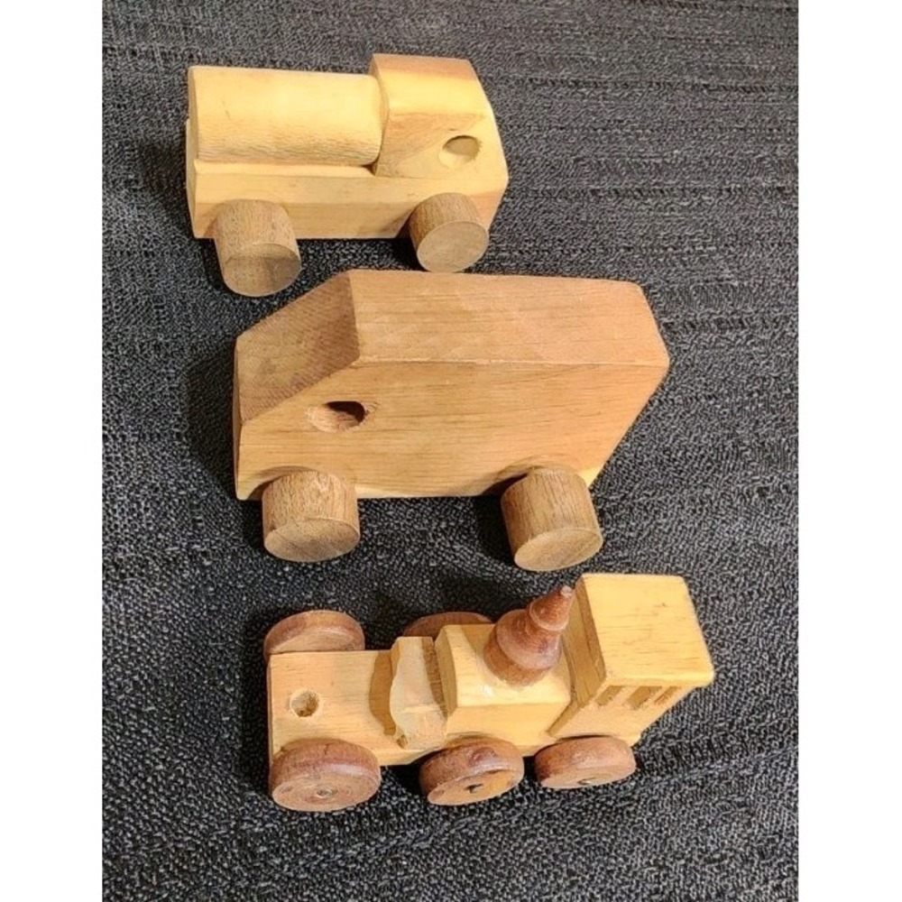 Lot Of 3 Wooden Toy Train Bus Car Truck Child  Race Peg 80s Vintage Hand Crafted